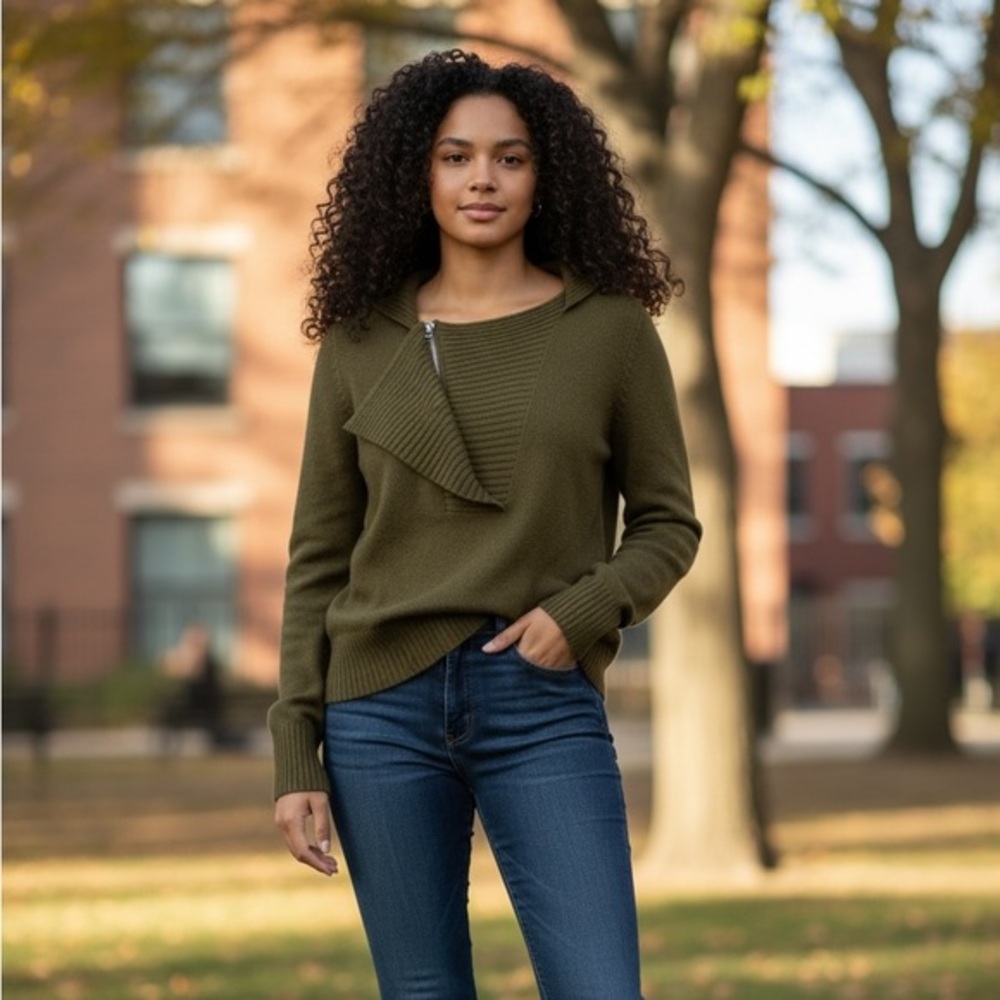 J. Crew Asymmetrical Zip Neck Ruffle Cashmere Wool Ribbed Sweater